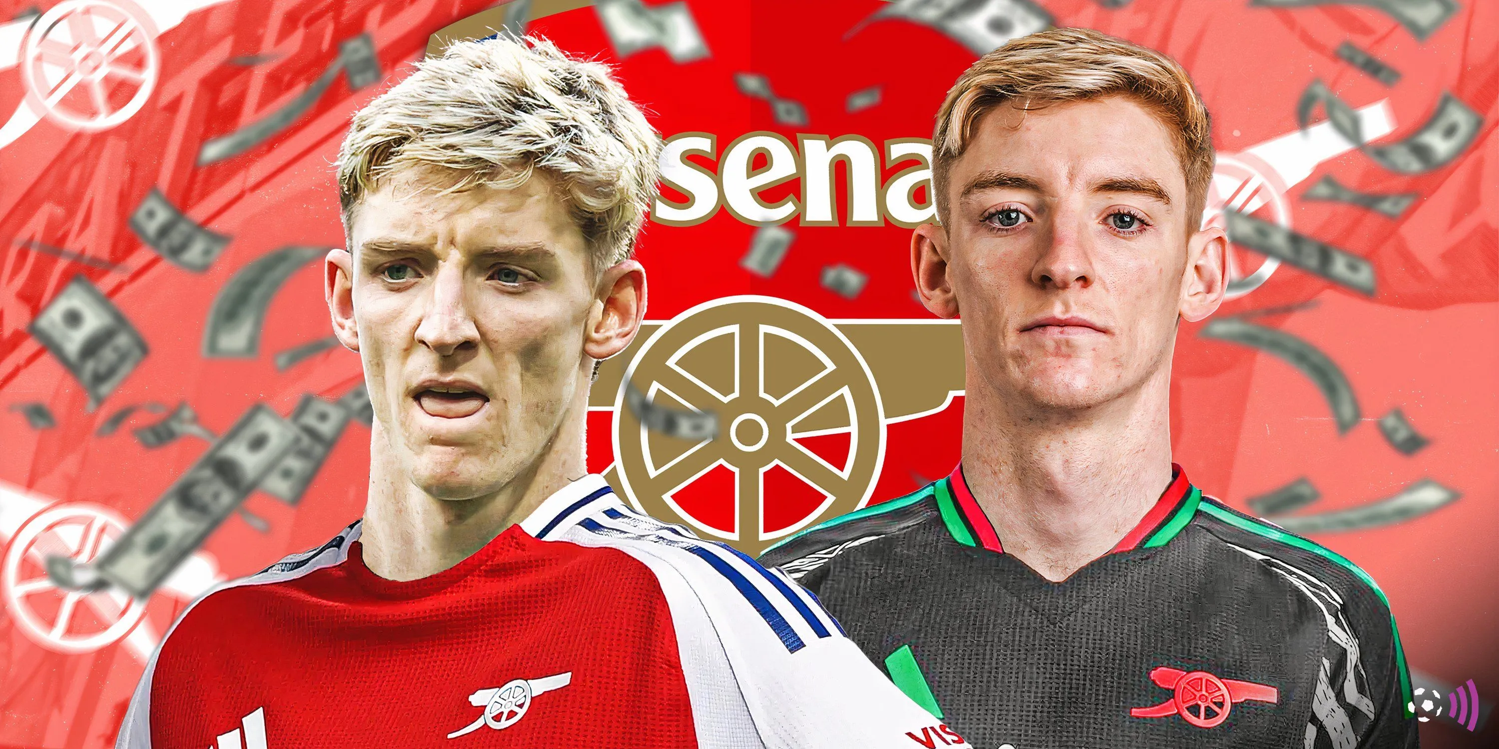 Hình ảnh ghép Anthony Gordon mặc áo Arsenal bên cạnh logo câu lạc bộ, minh họa tiềm năng hợp tác giữa anh và Viktor Gyokeres trên hàng công Pháo thủ.