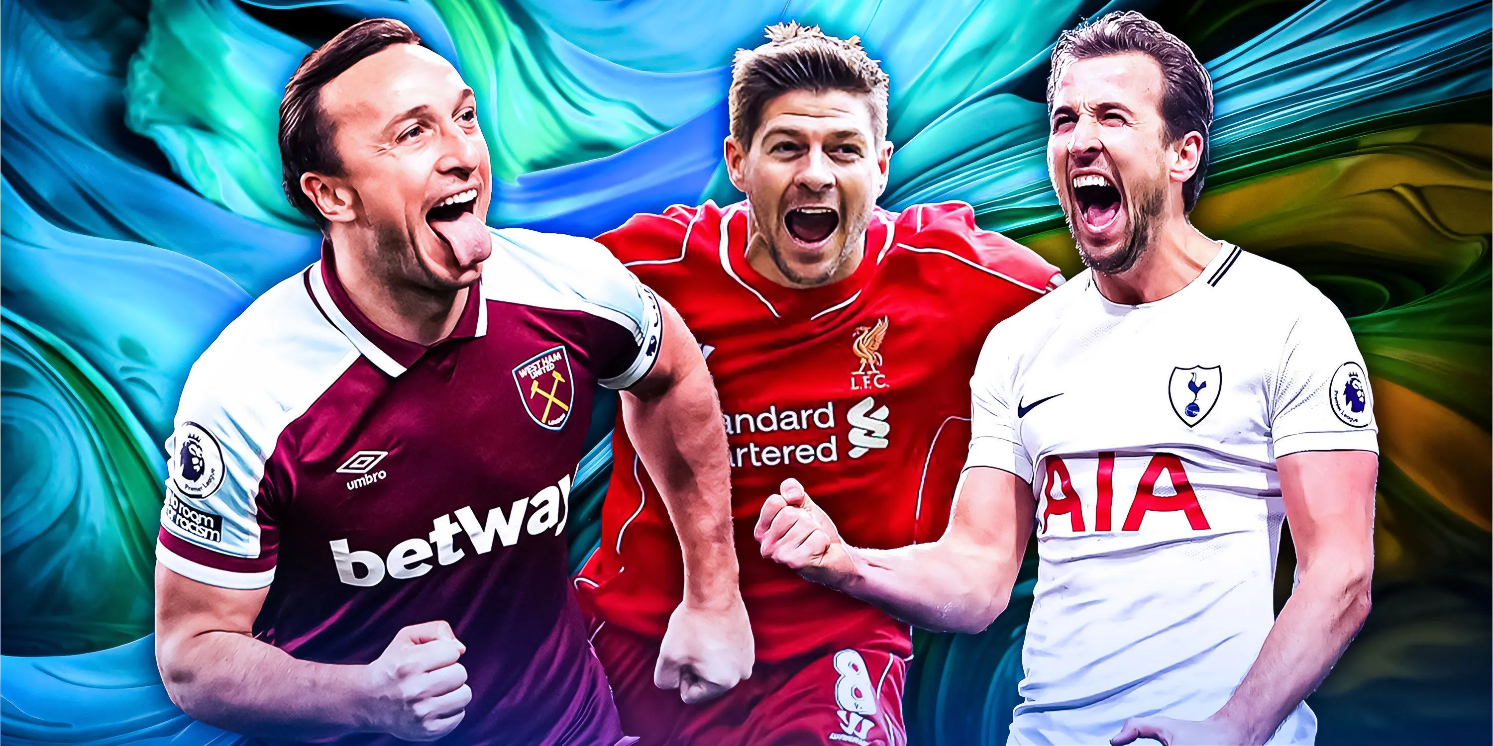 Mark Noble, Steven Gerrard và Harry Kane ăn mừng bàn thắng trên sân cỏ Ngoại hạng Anh.